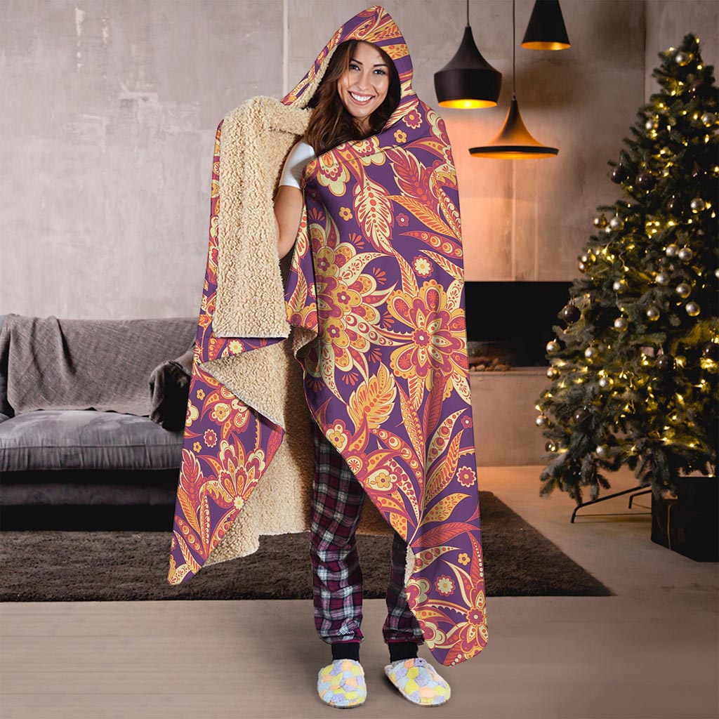 Orange Bohemian Floral Pattern Print Hooded Blanket