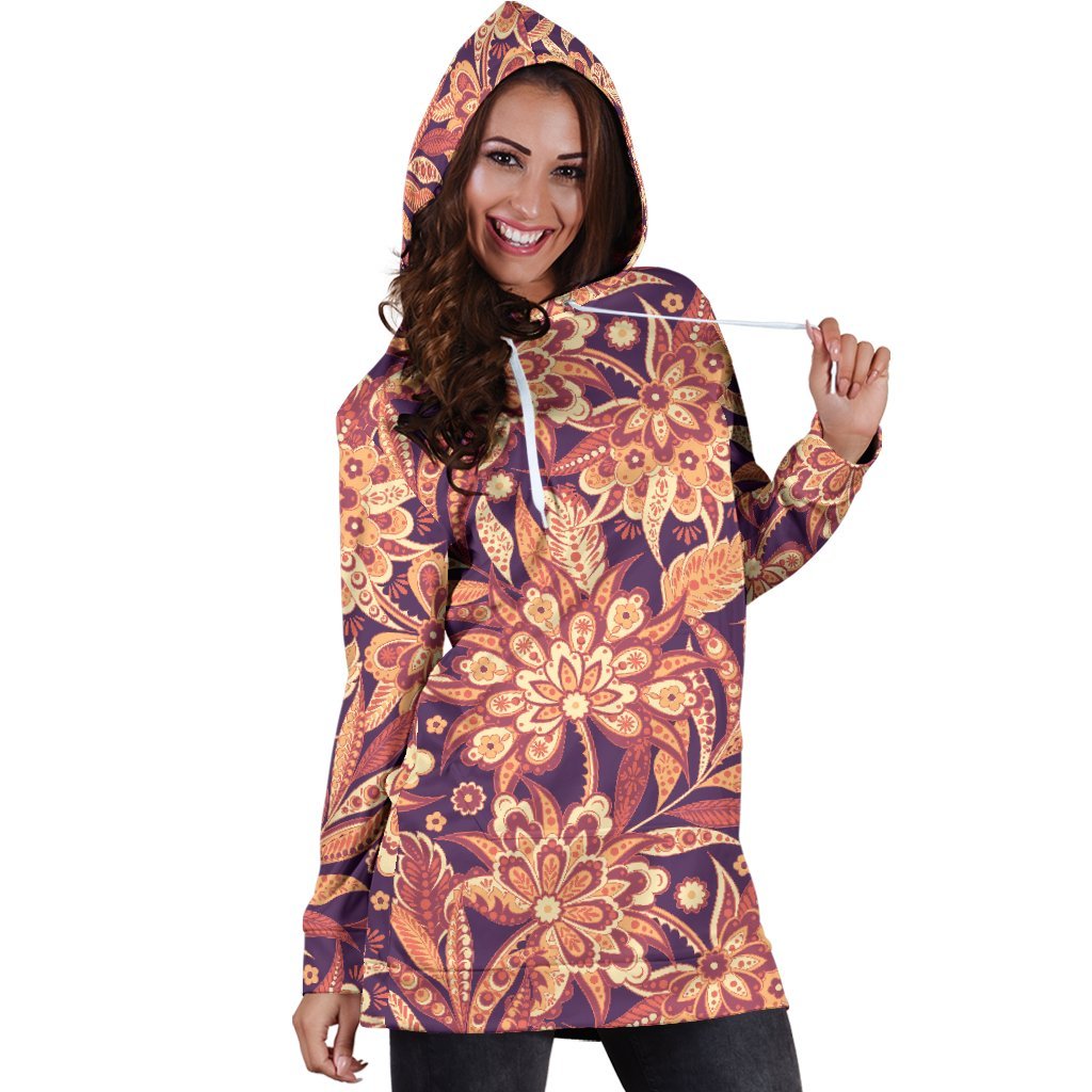 Orange Bohemian Floral Pattern Print Hoodie Dress GearFrost