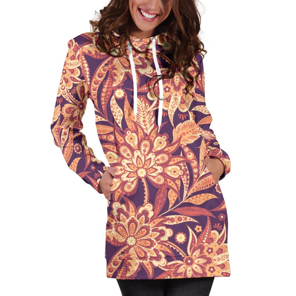 Orange Bohemian Floral Pattern Print Hoodie Dress GearFrost