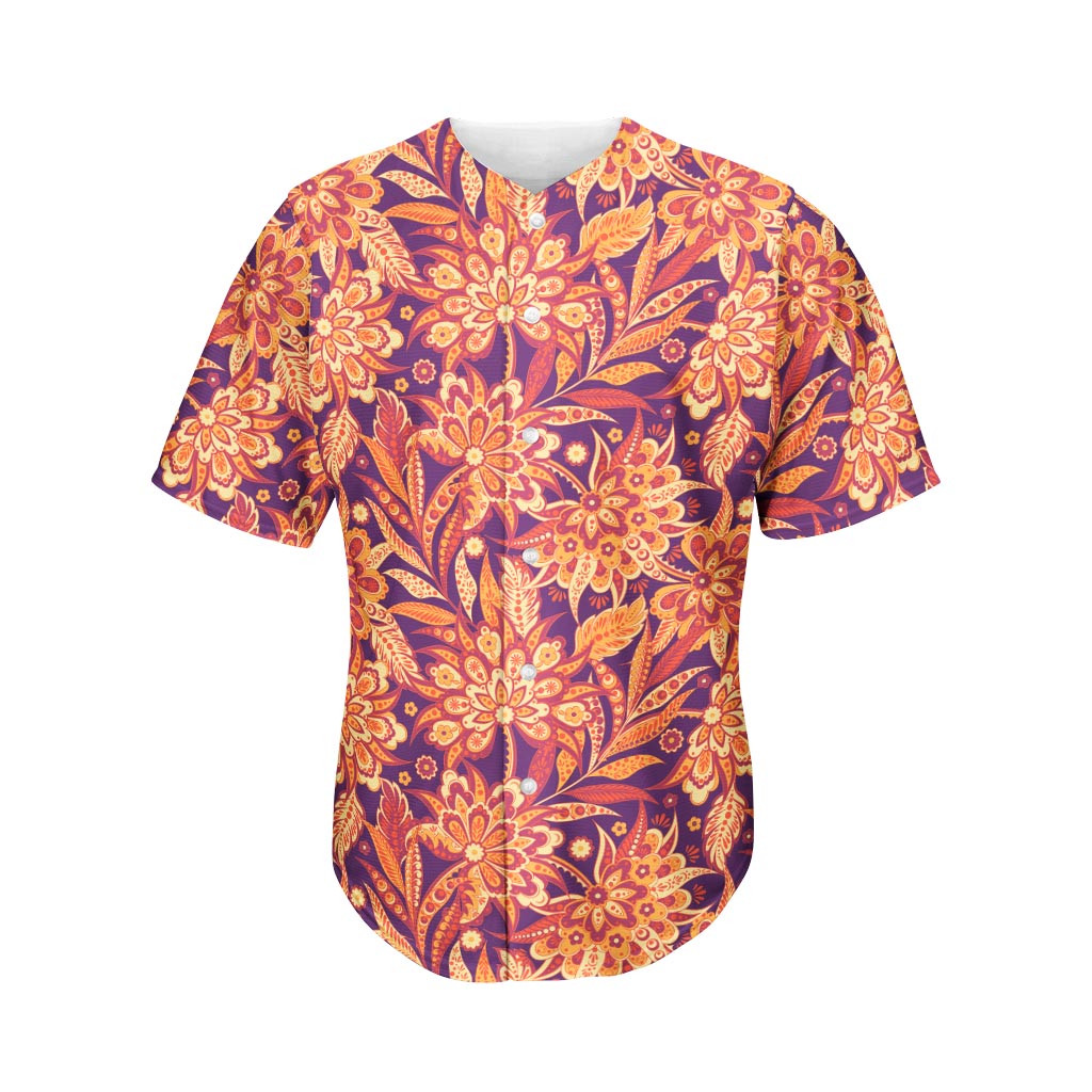 Orange Bohemian Floral Pattern Print Men's Baseball Jersey
