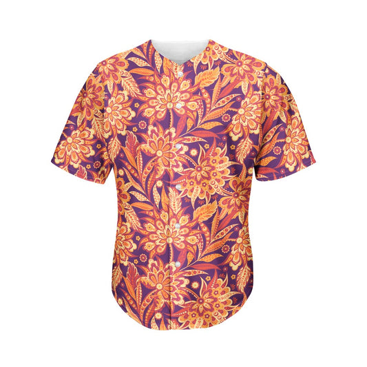 Orange Bohemian Floral Pattern Print Men's Baseball Jersey