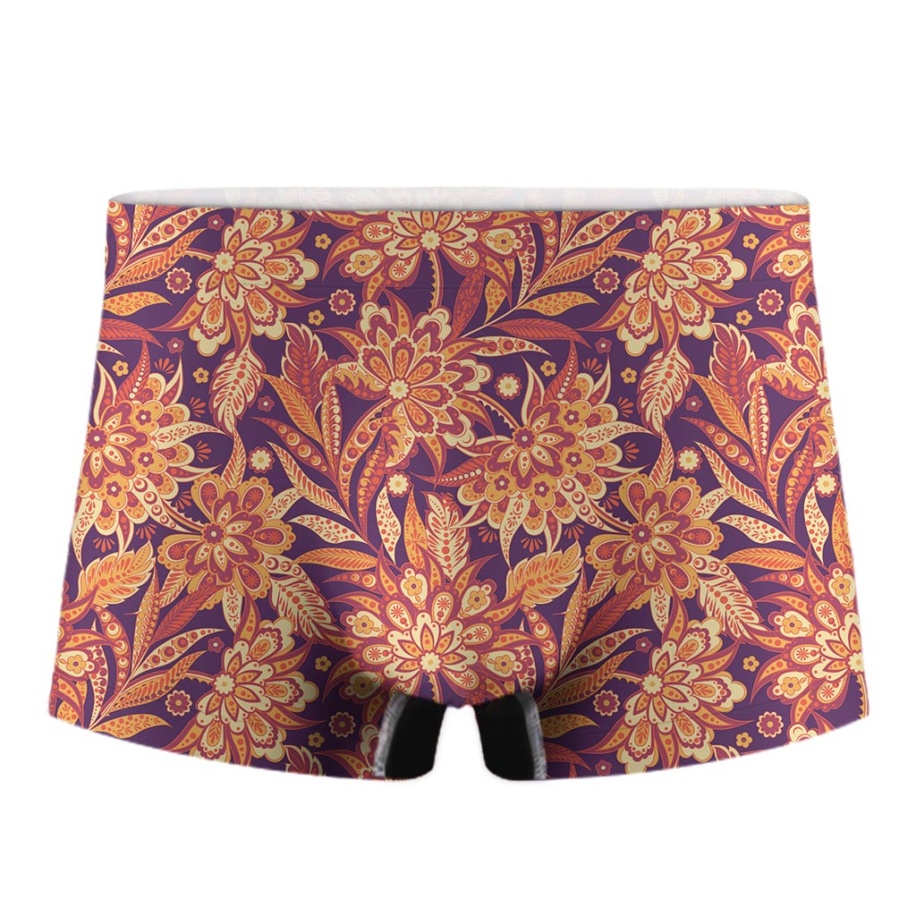 Orange Bohemian Floral Pattern Print Men's Boxer Briefs