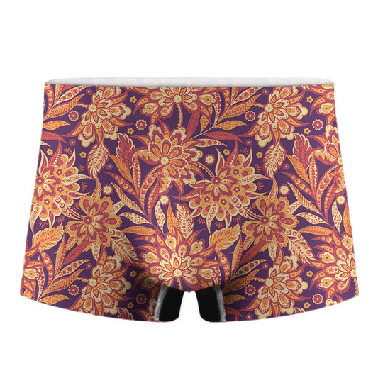 Orange Bohemian Floral Pattern Print Men's Boxer Briefs