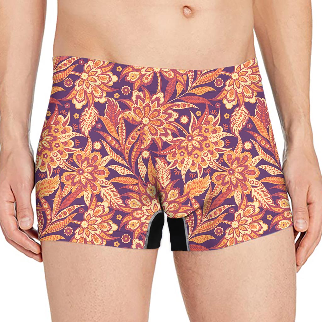 Orange Bohemian Floral Pattern Print Men's Boxer Briefs