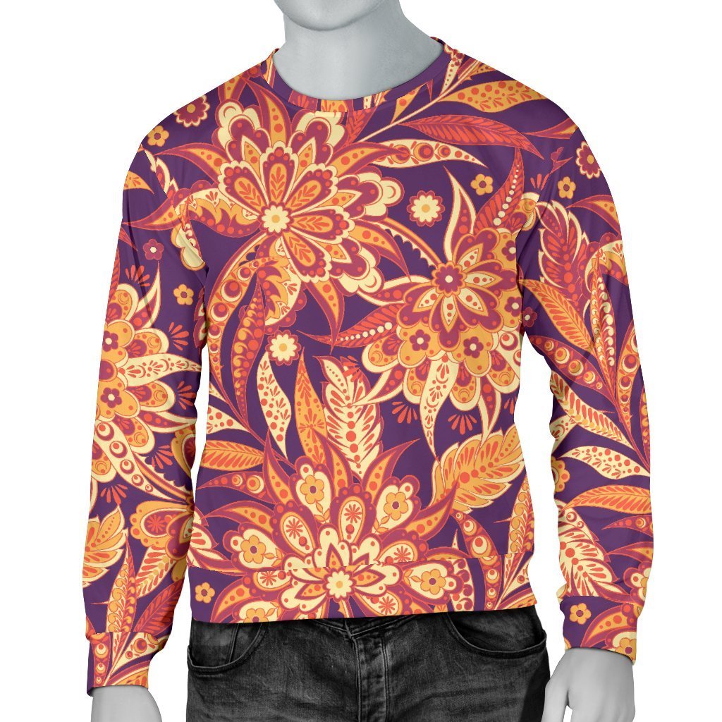 Orange Bohemian Floral Pattern Print Men's Crewneck Sweatshirt GearFrost