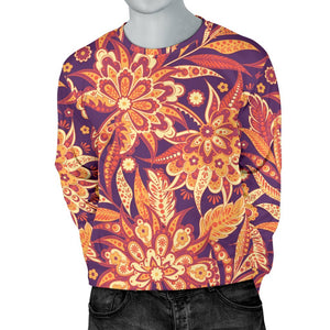 Orange Bohemian Floral Pattern Print Men's Crewneck Sweatshirt GearFrost