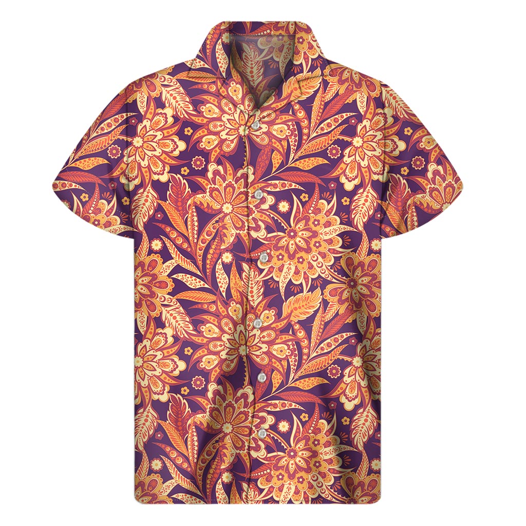Orange Bohemian Floral Pattern Print Men's Short Sleeve Shirt