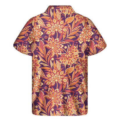 Orange Bohemian Floral Pattern Print Men's Short Sleeve Shirt