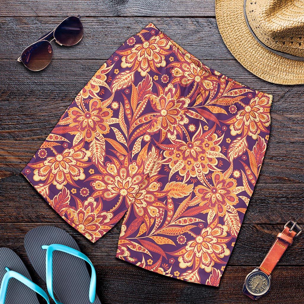 Orange Bohemian Floral Pattern Print Men's Shorts