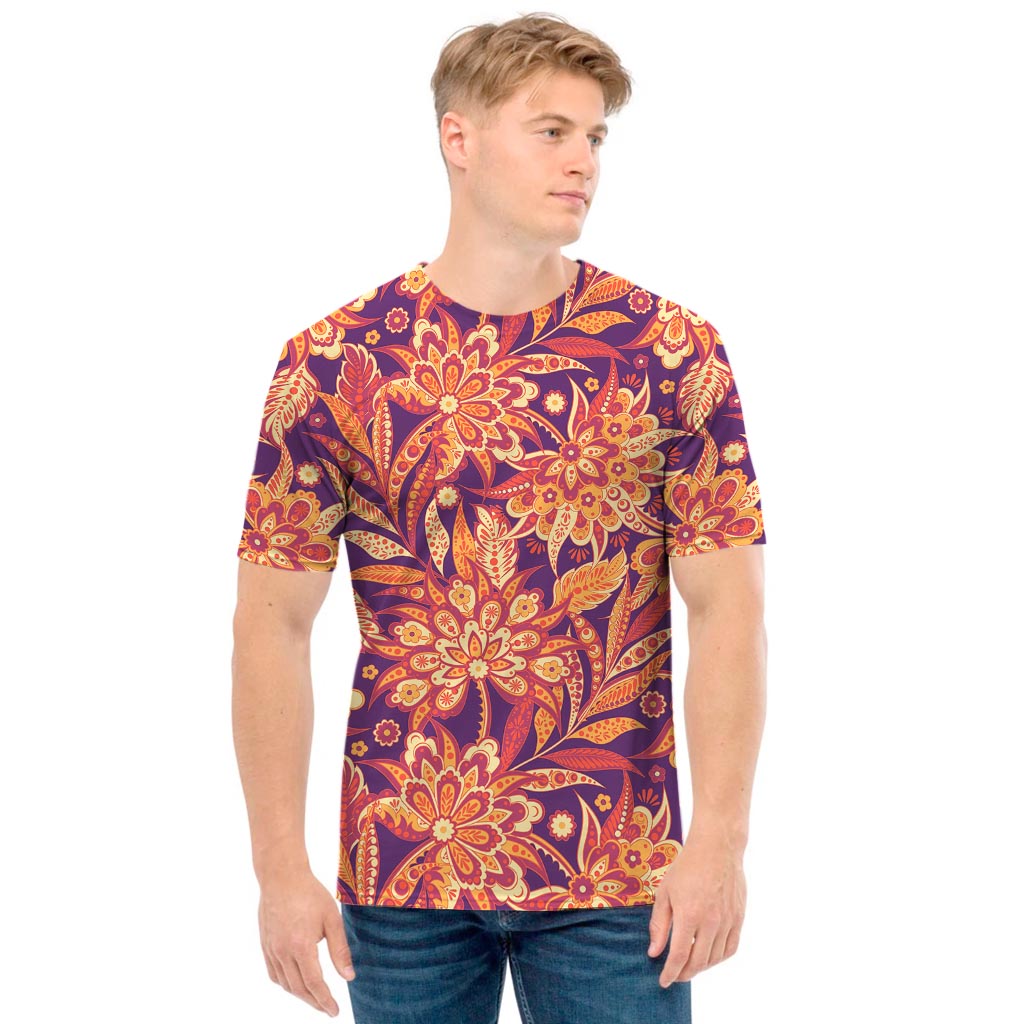 Orange Bohemian Floral Pattern Print Men's T-Shirt