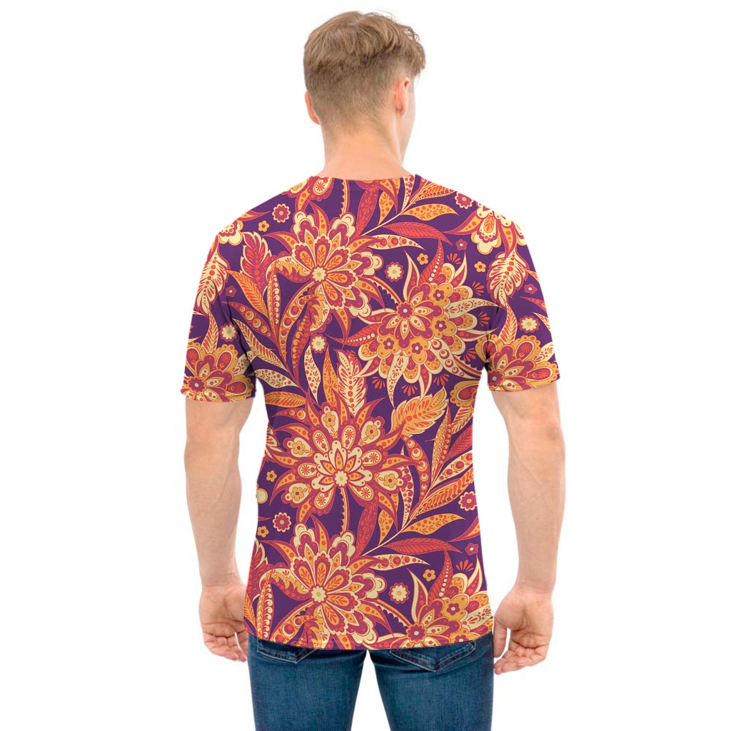 Orange Bohemian Floral Pattern Print Men's T-Shirt