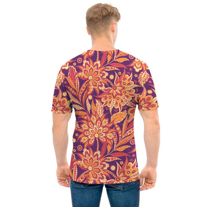 Orange Bohemian Floral Pattern Print Men's T-Shirt