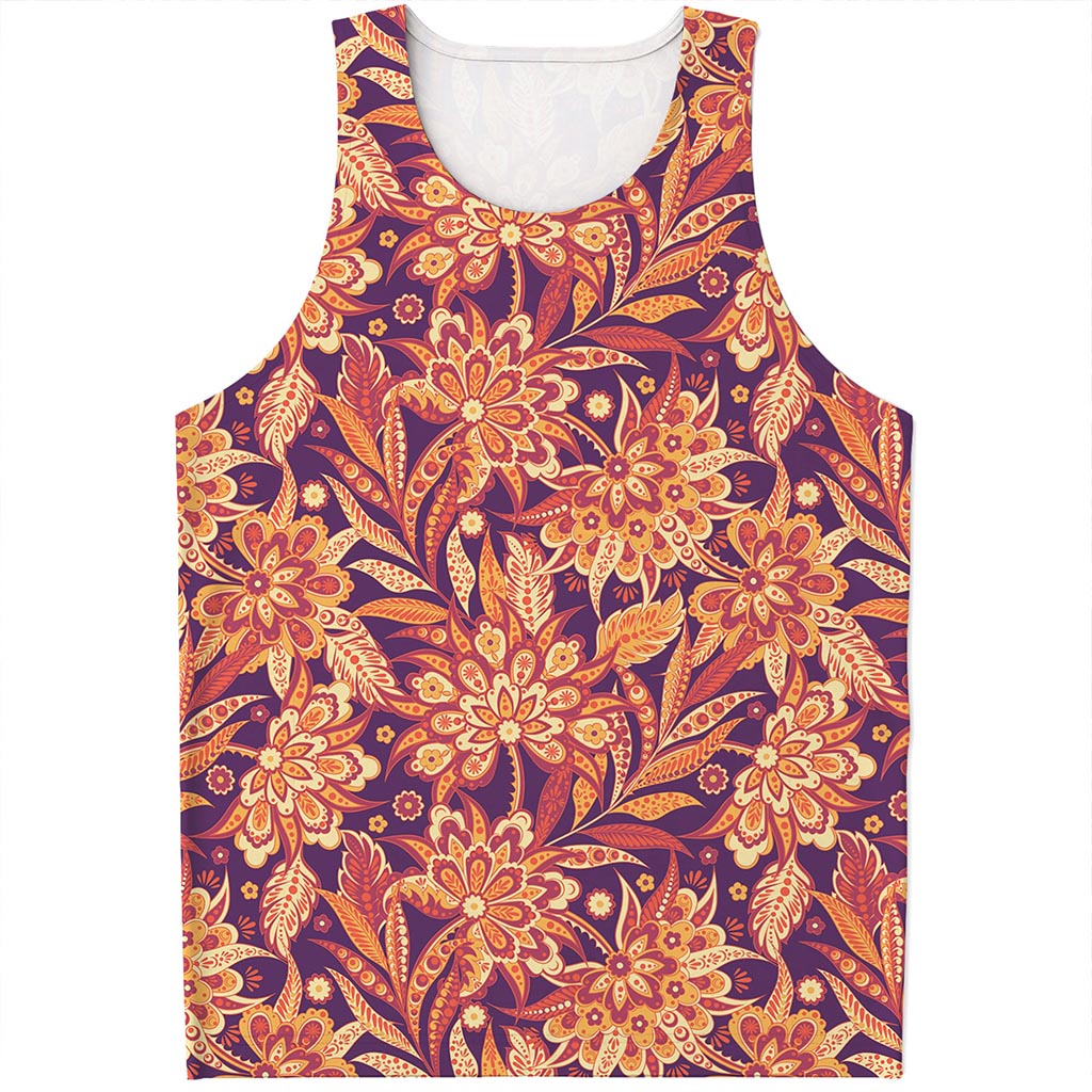 Orange Bohemian Floral Pattern Print Men's Tank Top
