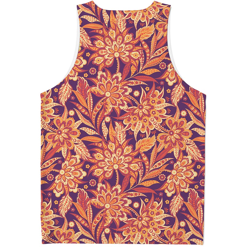 Orange Bohemian Floral Pattern Print Men's Tank Top