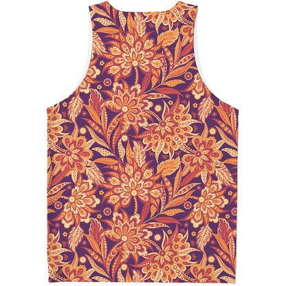 Orange Bohemian Floral Pattern Print Men's Tank Top