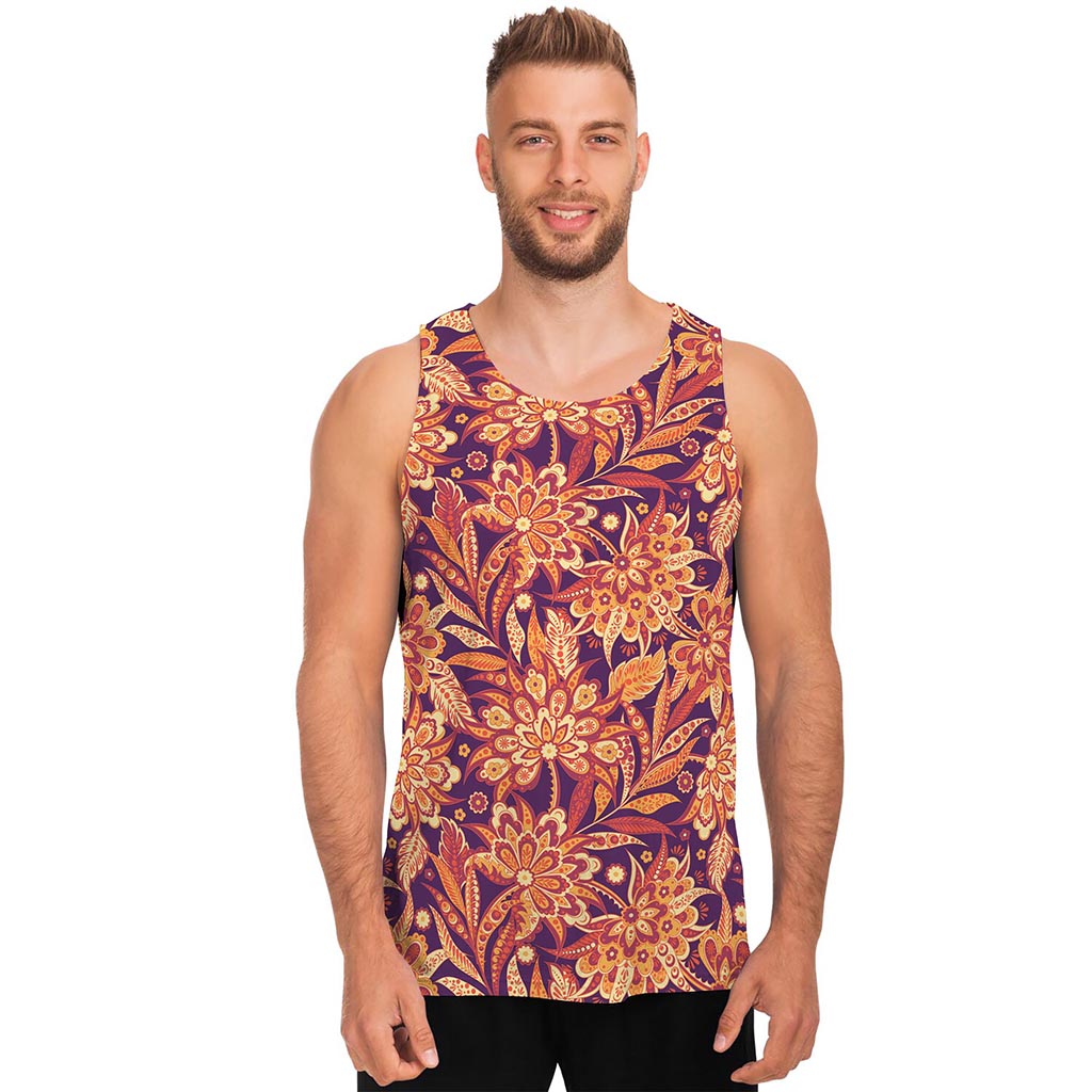 Orange Bohemian Floral Pattern Print Men's Tank Top