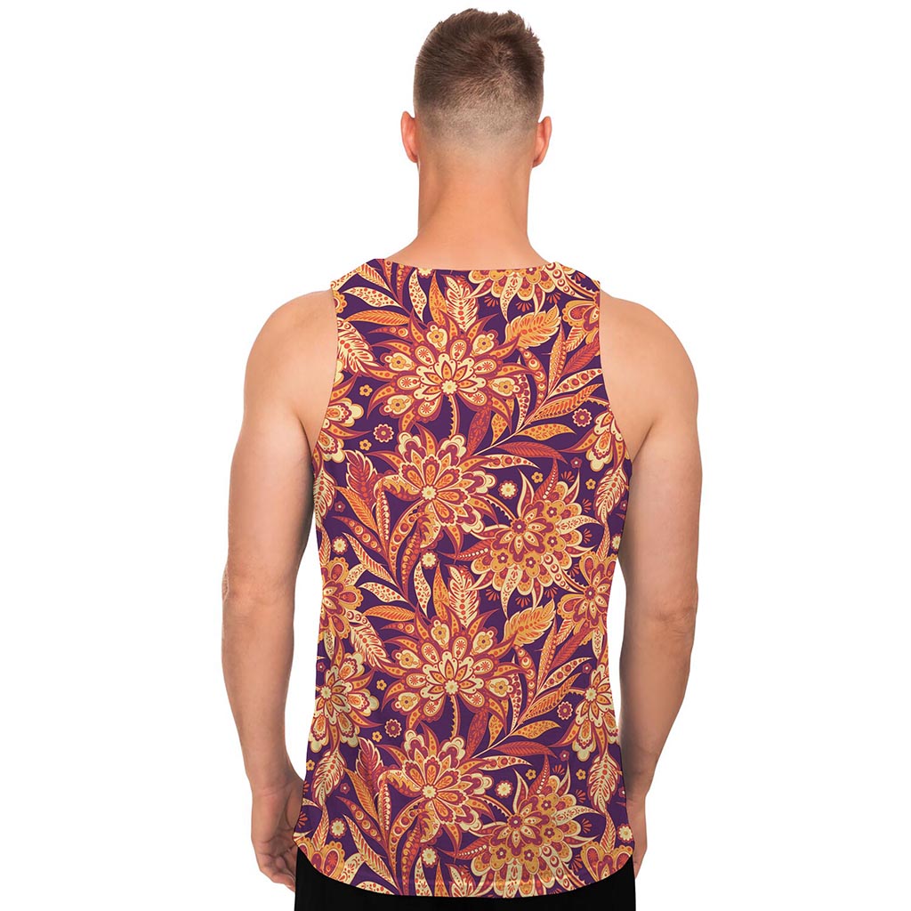Orange Bohemian Floral Pattern Print Men's Tank Top