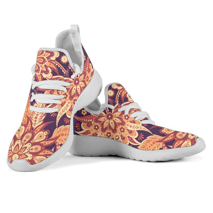 Orange Bohemian Floral Pattern Print Mesh Knit Shoes GearFrost