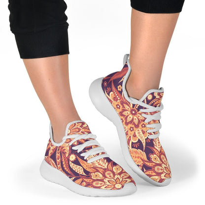 Orange Bohemian Floral Pattern Print Mesh Knit Shoes GearFrost