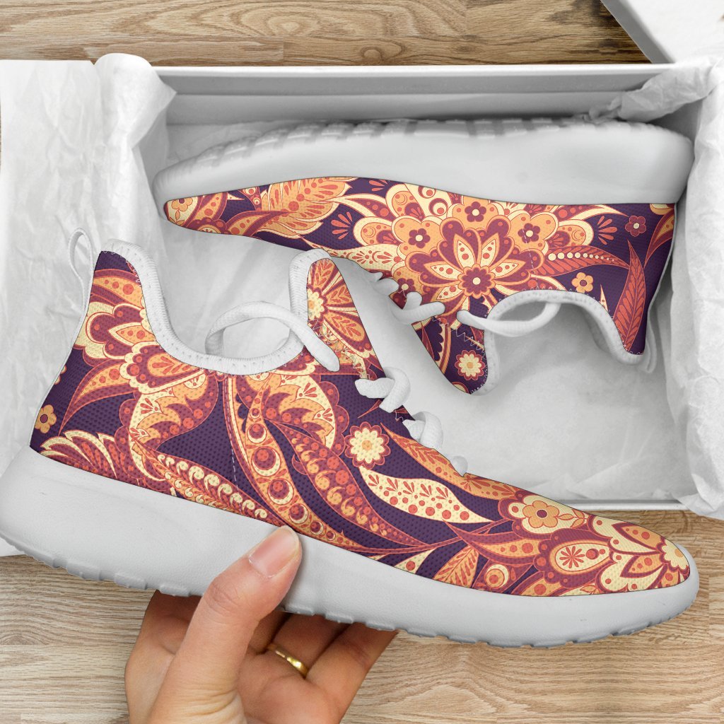 Orange Bohemian Floral Pattern Print Mesh Knit Shoes GearFrost