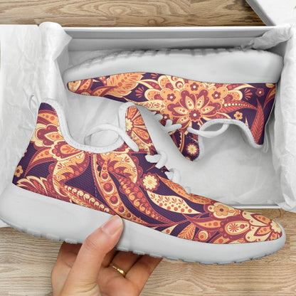 Orange Bohemian Floral Pattern Print Mesh Knit Shoes GearFrost