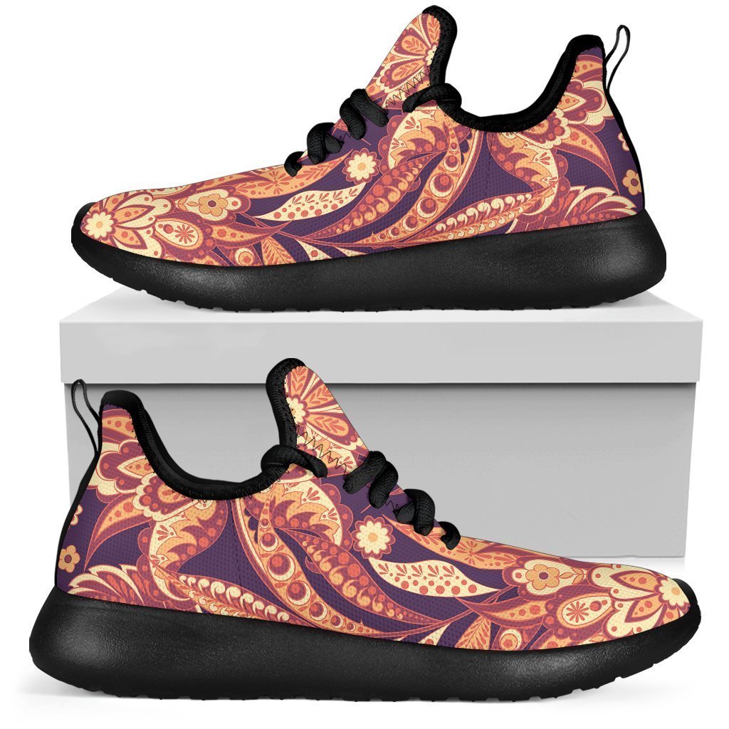 Orange Bohemian Floral Pattern Print Mesh Knit Shoes GearFrost