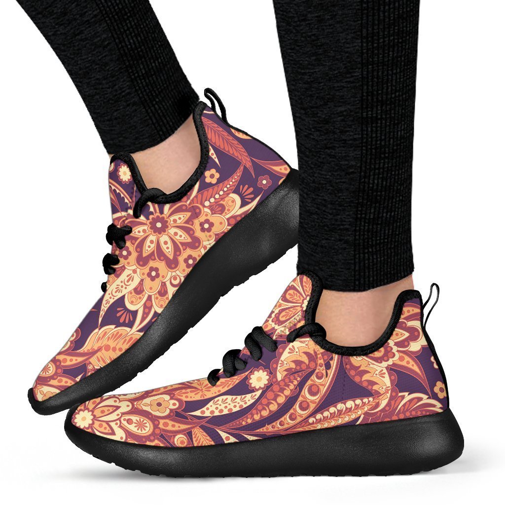 Orange Bohemian Floral Pattern Print Mesh Knit Shoes GearFrost