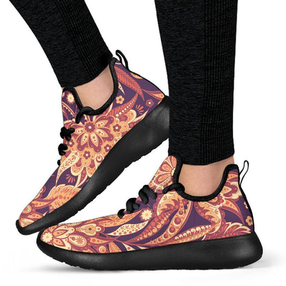 Orange Bohemian Floral Pattern Print Mesh Knit Shoes GearFrost