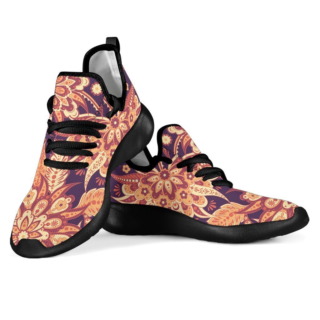 Orange Bohemian Floral Pattern Print Mesh Knit Shoes GearFrost