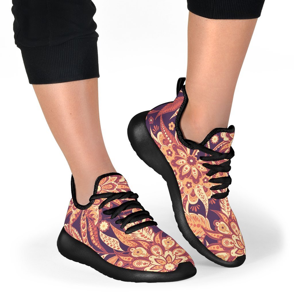 Orange Bohemian Floral Pattern Print Mesh Knit Shoes GearFrost