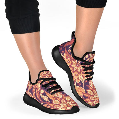 Orange Bohemian Floral Pattern Print Mesh Knit Shoes GearFrost