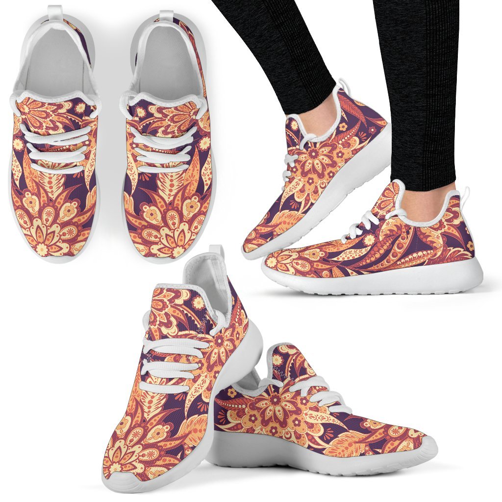 Orange Bohemian Floral Pattern Print Mesh Knit Shoes GearFrost
