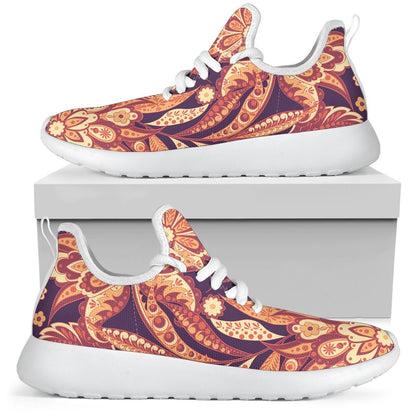Orange Bohemian Floral Pattern Print Mesh Knit Shoes GearFrost