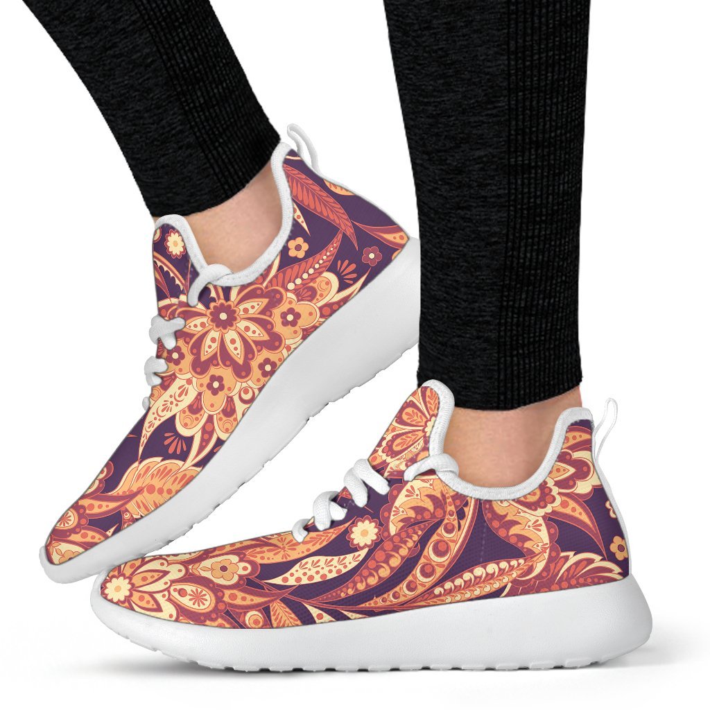 Orange Bohemian Floral Pattern Print Mesh Knit Shoes GearFrost