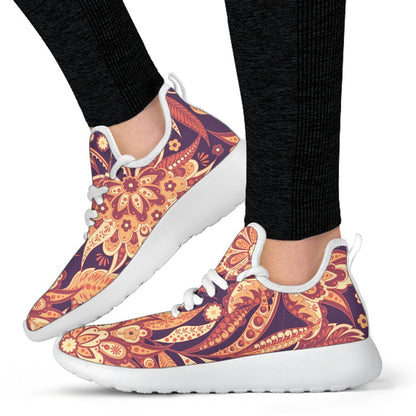 Orange Bohemian Floral Pattern Print Mesh Knit Shoes GearFrost