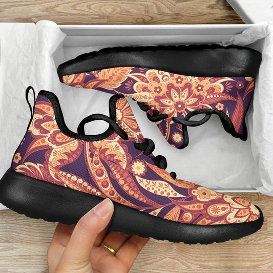 Orange Bohemian Floral Pattern Print Mesh Knit Shoes GearFrost