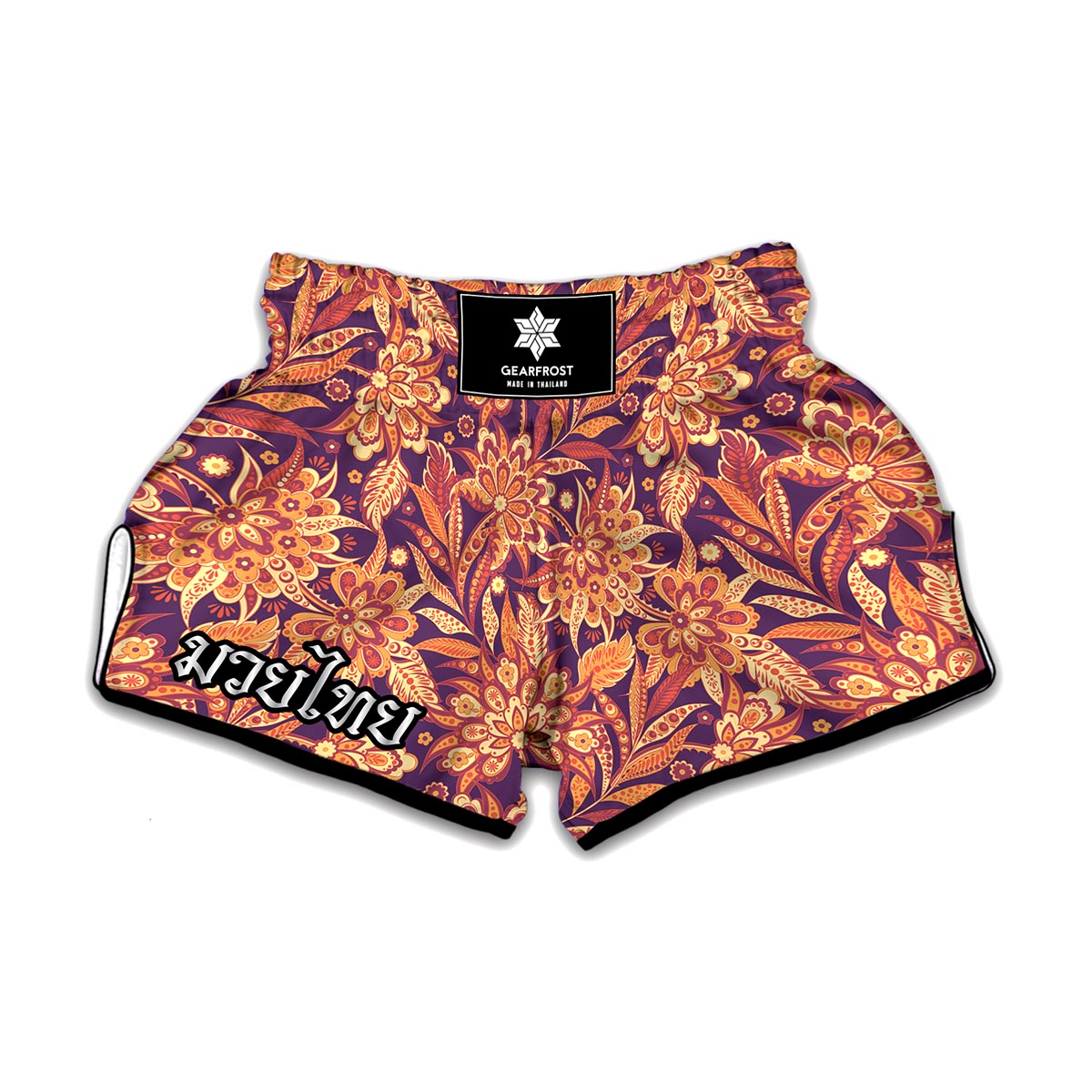 Orange Bohemian Floral Pattern Print Muay Thai Boxing Shorts