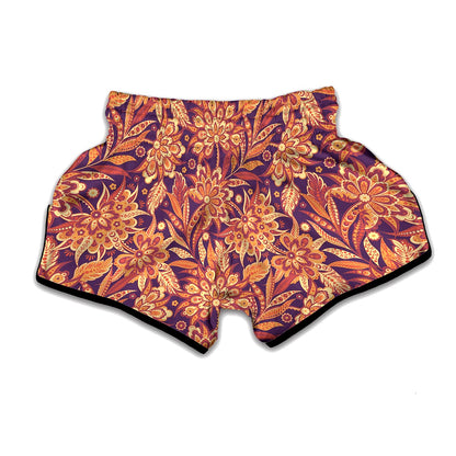 Orange Bohemian Floral Pattern Print Muay Thai Boxing Shorts