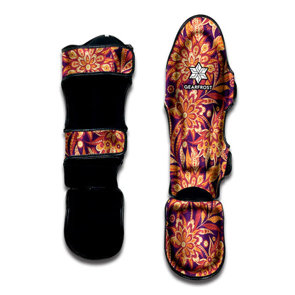 Orange Bohemian Floral Pattern Print Muay Thai Shin Guard