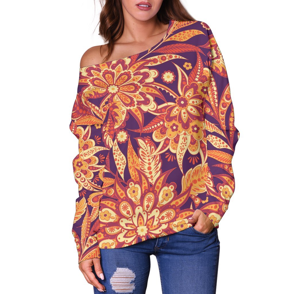 Orange Bohemian Floral Pattern Print Off Shoulder Sweatshirt GearFrost