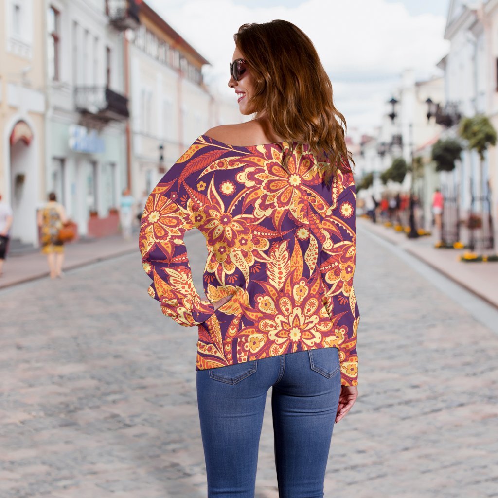 Orange Bohemian Floral Pattern Print Off Shoulder Sweatshirt GearFrost