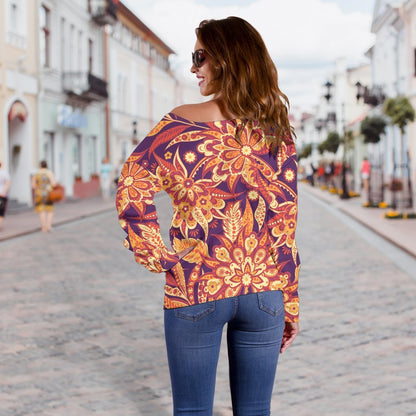 Orange Bohemian Floral Pattern Print Off Shoulder Sweatshirt GearFrost