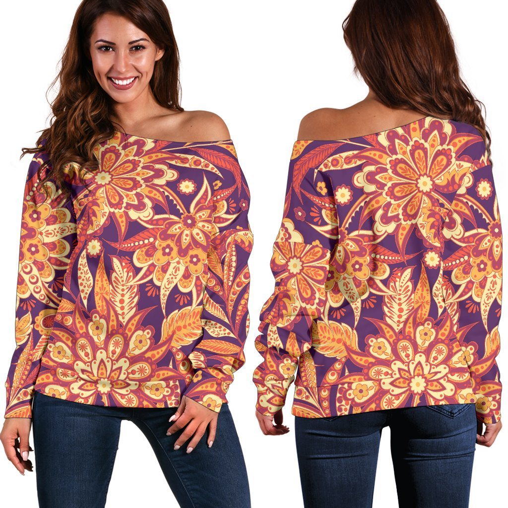 Orange Bohemian Floral Pattern Print Off Shoulder Sweatshirt GearFrost
