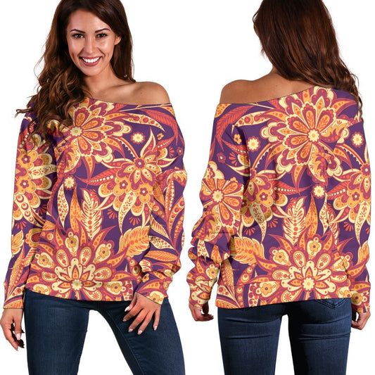 Orange Bohemian Floral Pattern Print Off Shoulder Sweatshirt GearFrost