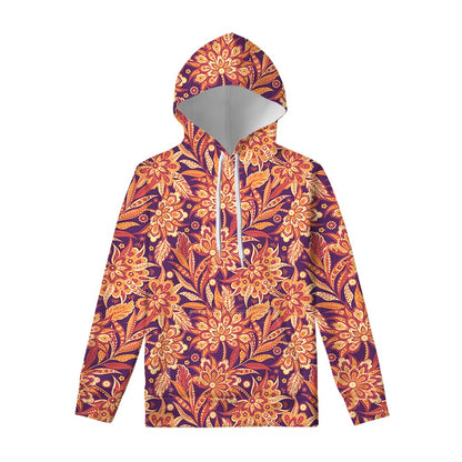 Orange Bohemian Floral Pattern Print Pullover Hoodie