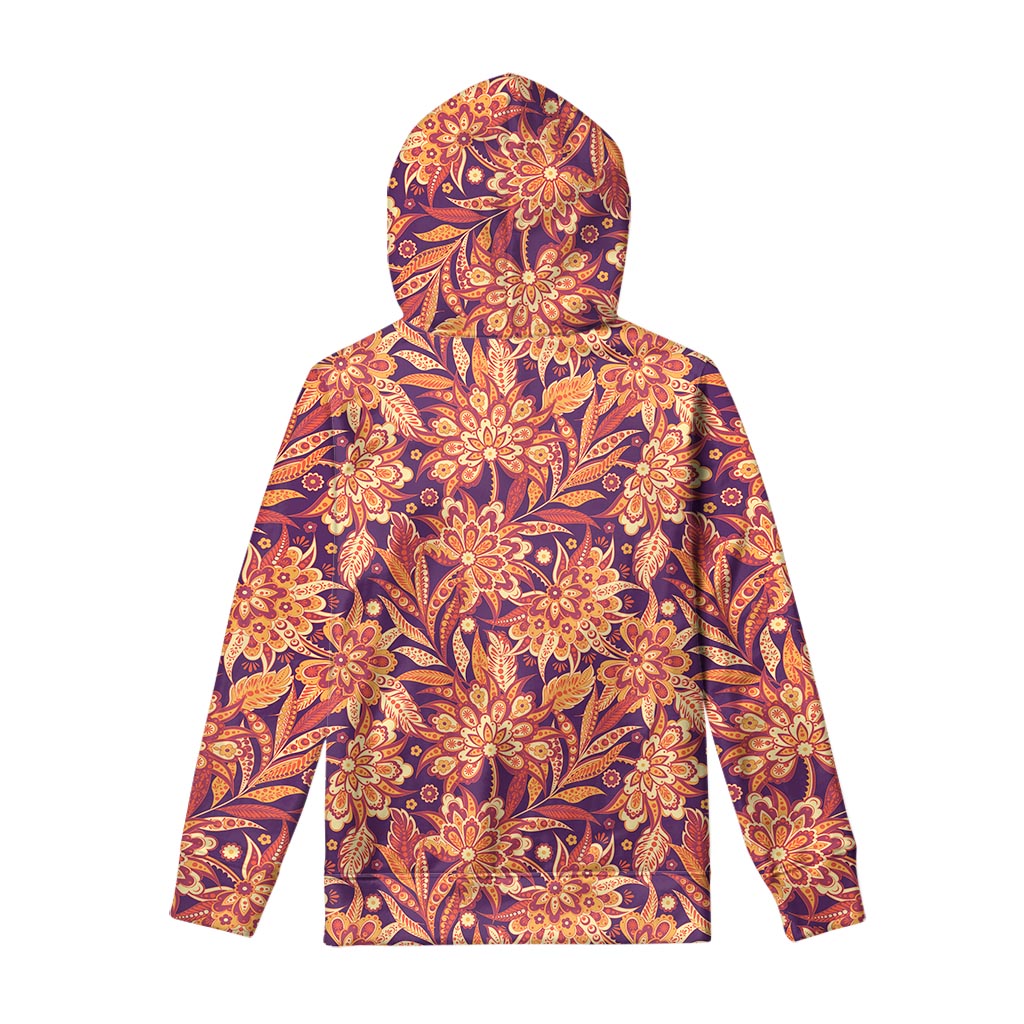 Orange Bohemian Floral Pattern Print Pullover Hoodie