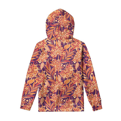 Orange Bohemian Floral Pattern Print Pullover Hoodie