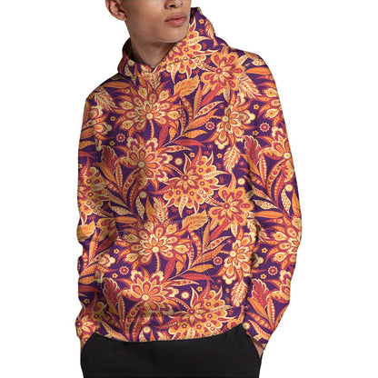 Orange Bohemian Floral Pattern Print Pullover Hoodie