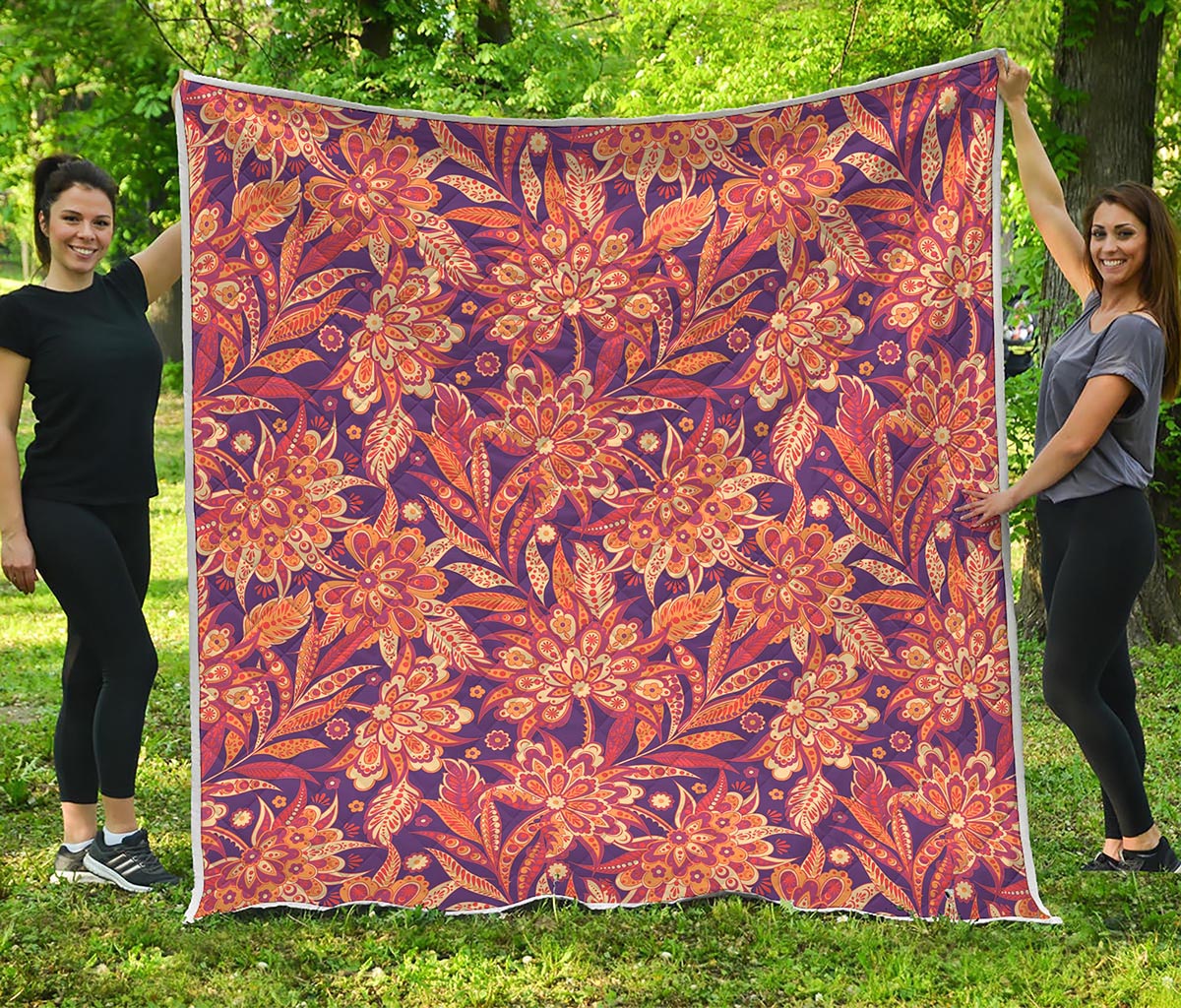 Orange Bohemian Floral Pattern Print Quilt