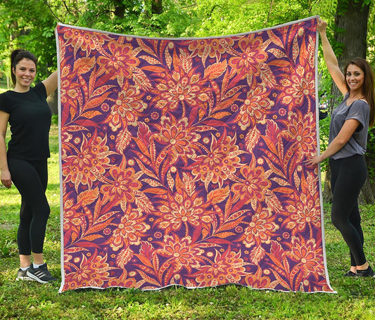 Orange Bohemian Floral Pattern Print Quilt